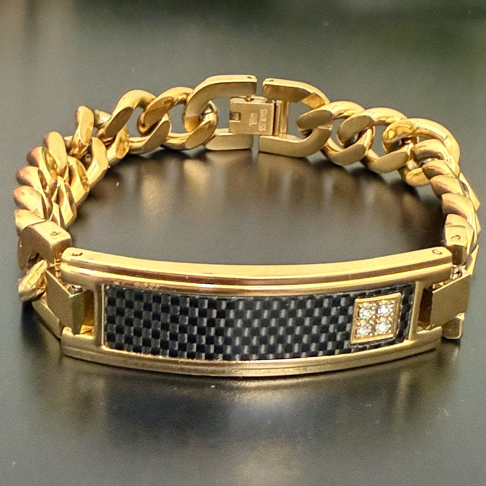 Gold-tone Stainless Steel Carbon Fiber Inlay Crystal Link Chain Unisex Bracelet